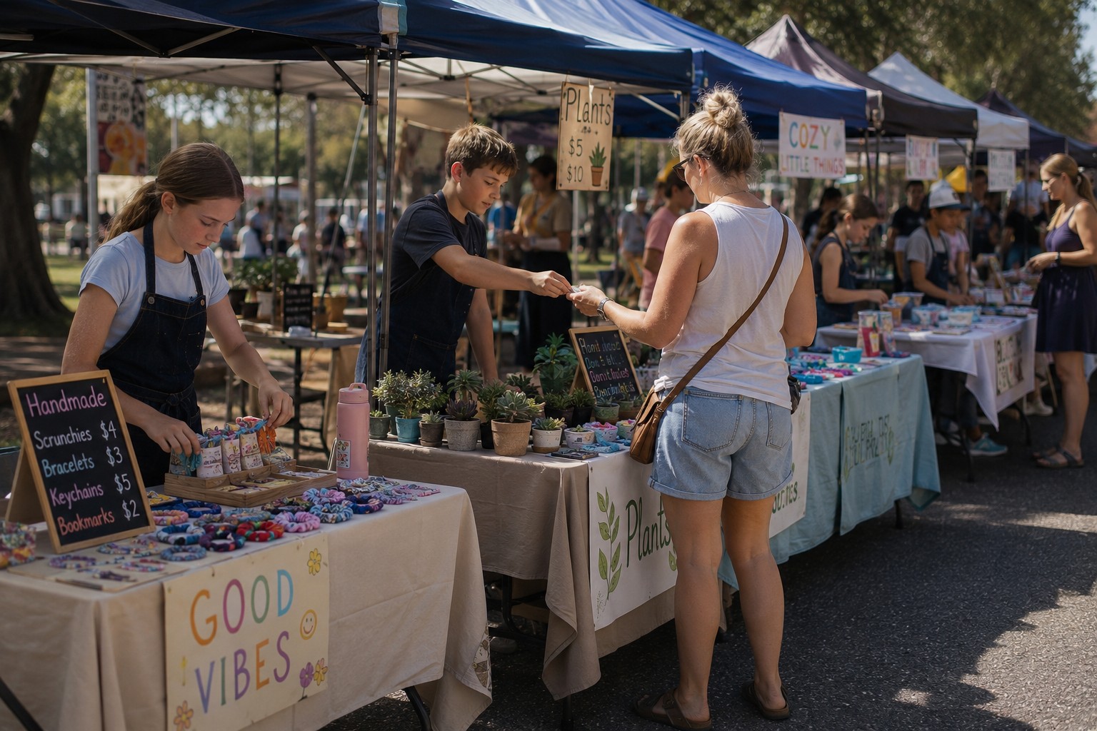 Young entrepreneurs running their handmade scrunchies, bracelets and plants stalls at a busy community market